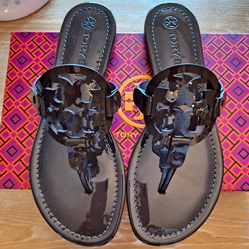 NEW IN BOX Tory Burch Miller Patent Leather Sandals Coconut Brown